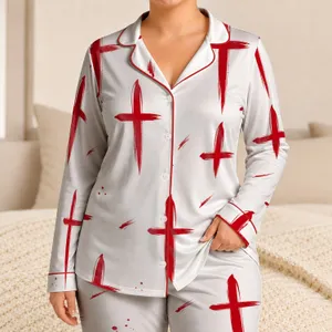 Crimson Sword Cross Motif White Minimal Retro Gift Idea For Bold Style Enthusiasts Satin Pajamas Set