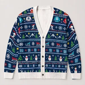 Navy Snowflake Holiday Motifs With Colorful Winter Icons For Festive Everyday Layering All-over Print Knitted Cardigan