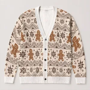 Festive Gingerbread People and Snowflake Fair Isle Style for Cozy Holiday Layering All-over Print Knitted Cardigan