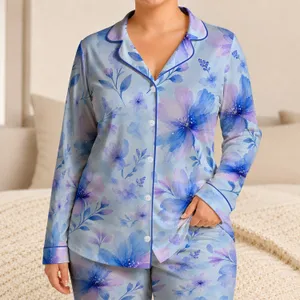 Blue Watercolor Floral Gift For Spring Nights, Soft Cozy Home Style For Her Satin Pajamas Set