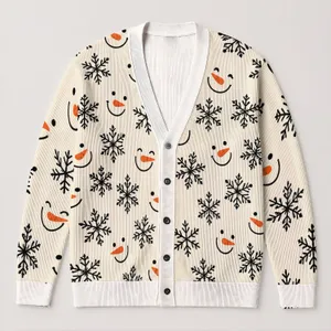 Snowman Faces And Snowflakes For Cozy Winter Layering, Women's Holiday Wardrobe Style All-over Print Knitted Cardigan