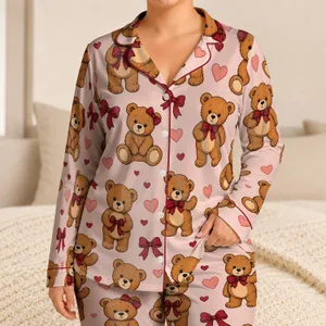 Vintage Teddy Bears With Red Bows For Cozy Bedtime Gifting, Nursery Style And Lounging Satin Pajamas Set