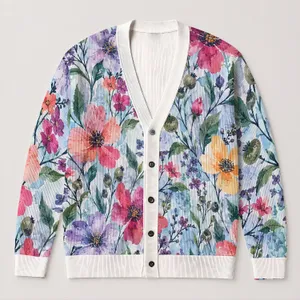 Watercolor Wildflower Blooms for Colorful Everyday Layering, Women’s Botanical Style All-over Print Knitted Cardigan