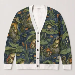 Rainy Pond Frogs and Lily Pads for Cozy Woodland Layering and Everyday Outdoor Style All-over Print Knitted Cardigan