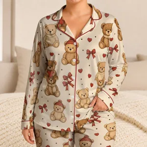Vintage Teddy Bears, Red Hearts and Bows for Cozy Holiday Lounging, Gifting and Home Satin Pajamas Set