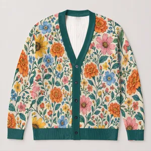 Colorful Wildflower Blooms for Relaxed Fall Layering, Women’s Casual Everyday Style All-over Print Knitted Cardigan