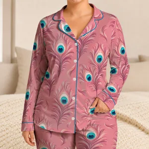 Dusty Rose Peacock Feather Elegance for Lounging, Relaxing, and Cozy Evenings at Home Satin Pajamas Set