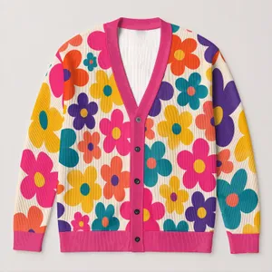 Colorful Retro Floral Motifs for Spring Getaways and Everyday Layering for Modern Women All-over Print Knitted Cardigan