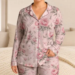 Pink Peony Floral Botanical Motif for Cozy Lounging, Romantic Bedtime Gift for Women Satin Pajamas Set
