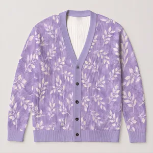 Lavender White Leaf Botanical Everyday Layering Style For Plus Size Women, Fall Comfort All-over Print Knitted Cardigan