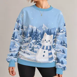 Snowman Cat in a Snowy Mountain Village for Cozy Christmas Holiday Celebrations All-over Print Knitted Sweater
