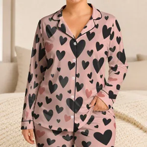 Charcoal Heart Motif Cozy Romantic Valentine's Day Gift Idea For Women At-Home Comfort Satin Pajamas Set