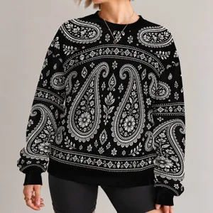 Black And Ivory Paisley Motifs For Autumn Outings And Relaxed Bohemian Everyday Style All-over Print Knitted Sweater
