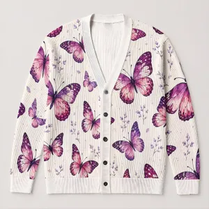 Purple Butterfly Motifs for Relaxed Everyday Layering, Women's Nature-Inspired Style All-over Print Knitted Cardigan