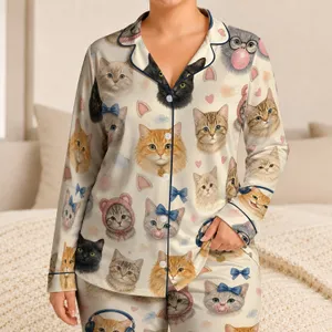Cute Cat Bubblegum Kitten And Tabby Faces For Cozy Weekend Lounging, Women Gift Idea Satin Pajamas Set