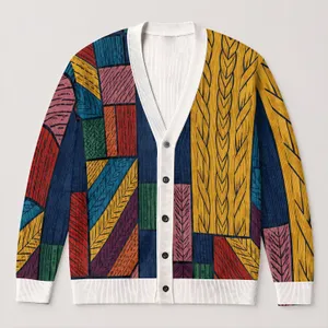 Colorful Denim Mosaic Layers With Bohemian Texture For Relaxed Everyday Style Women All-over Print Knitted Cardigan