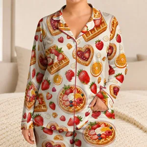 Strawberry Waffle Berry Treats for Cozy Morning Lounging and Sweet Weekend Relaxation Satin Pajamas Set