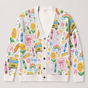 School Bus Sunflower Classroom Motifs For Cheerful Everyday Layering And Back To School All-over Print Knitted Cardigan