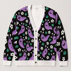 Purple Slug Monsters and Daisies for Playful Everyday Layering Style for Casual Men All-over Print Knitted Cardigan