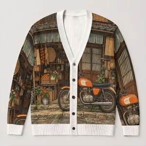 Retro Japanese Corner Shop Motorcycle Scene For Casual Streetwear And Weekend Rides All-over Print Knitted Cardigan