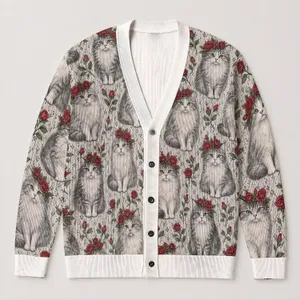 White Cat Rose Motif Casual Layering Style for Everyday Fall and Winter Weekend Outfits All-over Print Knitted Cardigan