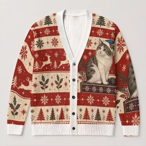 Funny Cat With Snowflakes For Cozy Holiday Gatherings And Relaxed Winter Layering All-over Print Knitted Cardigan