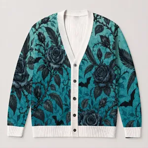 Dark Rose Bats And Thorn Vines For Halloween Nights And Gothic Casual Layering Style All-over Print Knitted Cardigan