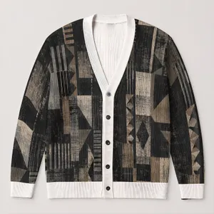 Black Taupe Geometric Patchwork Motifs for Casual Layering and Everyday Men's Streetwear All-over Print Knitted Cardigan