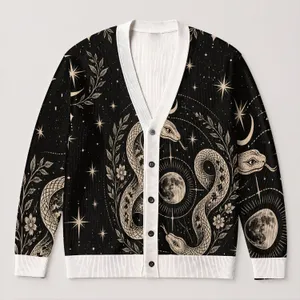 Celestial Moon Snake Medallion for Casual Layering and Nighttime Streetwear Style All-over Print Knitted Cardigan