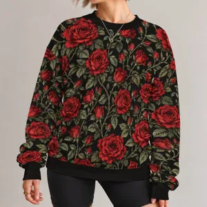 Red Rose and Sage Vine Botanical Motif for Everyday Streetwear and Commuting Wear All-over Print Knitted Sweater