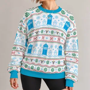 Blue Holiday Telephone Booth And Snowy Figures For Festive Party Celebrations Unisex All-over Print Knitted Sweater