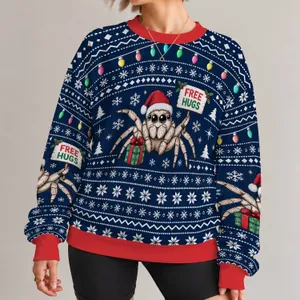 Santa Hat Spider With Free Hugs Sign for Festive Holiday Parties and Winter Cheer All-over Print Knitted Sweater