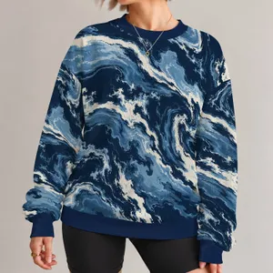 Abstract Navy And Slate Blue Waves For Relaxed Autumn Outings And Everyday Casual Wear All-over Print Knitted Sweater