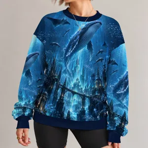 Blue Underwater City and Whale Nightscape for Ocean Lovers and Everyday Streetwear All-over Print Knitted Sweater