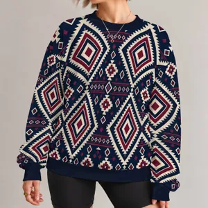 Navy Ivory Burgundy Geometric Diamonds For Streetwear And Outdoor Style All-over Print Knitted Sweater
