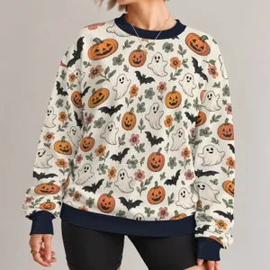 Halloween Pumpkins, Bats, Ghosts and Flowers for Cute Autumn Celebrations and Fall Parties All-over Print Knitted Sweater
