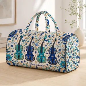 Blue Violin and Star Motifs for Beach Getaways and Music-Loving Travel Enthusiasts Quilted Weekend Bag