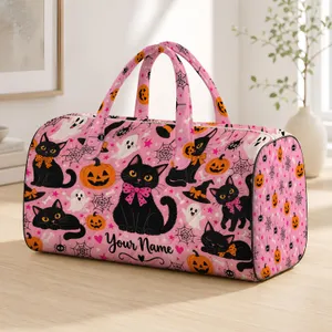 Pink Halloween Cats, Ghosts and Pumpkins for Spooky Autumn Getaways and Fall Festivities Quilted Weekend Bag