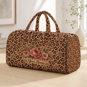 Warm Leopard Spots and Vintage Roses for Bohemian Beach Travel and Weekend Getaways Quilted Weekend Bag
