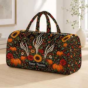 Autumn Skeleton Hands Pumpkins and Wildflowers for Halloween Getaways and Fall Travel Quilted Weekend Bag