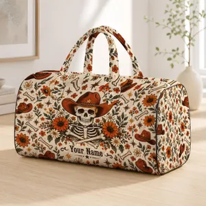 Cowboy Skeletons and Rust Wildflowers for Halloween Getaways and Autumn Adventures Quilted Weekend Bag
