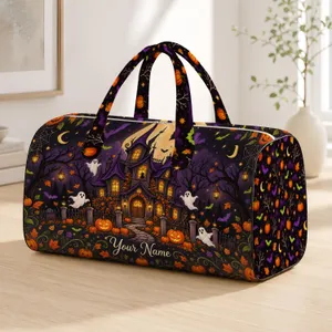 Haunted House Pumpkins and Bats for Halloween Travel and Autumn Getaways Quilted Weekend Bag