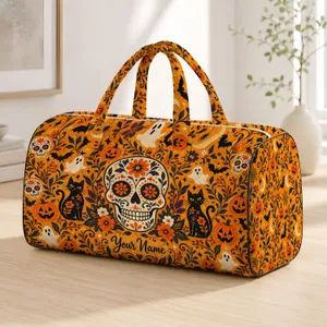 Halloween Skull, Pumpkin and Black Cat Motifs for Cozy Autumn Travel and Getaways Quilted Weekend Bag