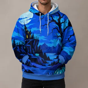 Haunted House, Bare Tree And Blue Pumpkins For Halloween Night Celebrations All-over Print Hoodie (Lightweight)