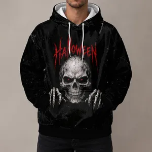 Scarlet-Eyed Skull with Skeletal Hands for Halloween Night and Gothic Casual Style All-over Print Hoodie (Lightweight)