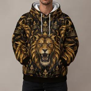 Roaring Golden Lion and Crown Motif for Bold Everyday Streetwear and Weekend Style All-over Print Hoodie (Lightweight)