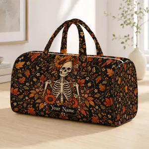 Ivory Skeleton and Copper Autumn Blooms for Halloween Travel and Cozy Fall Getaways Quilted Weekend Bag