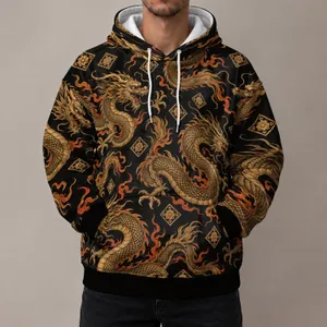 Golden Flame Dragons And Ornate Medallions For Bold Everyday Casual Streetwear Style All-over Print Hoodie (Lightweight)