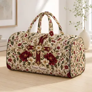 Burgundy Cross with Ivory Vintage Flowers for Faithful Everyday Travel and Devotion Quilted Weekend Bag