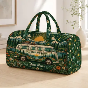 Retro Camper Van Wildflower Sunset Adventure for Free-Spirited Camping Travelers Quilted Weekend Bag